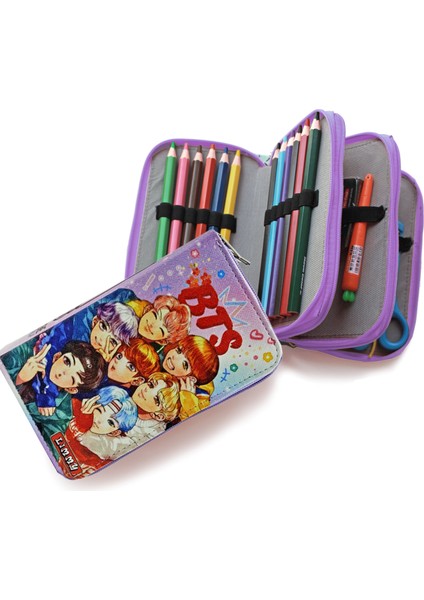 Kalem Kutusu Bts Desenli Kpop Organizer Kalemkutu Vegan Deri Üç Bölmeli Kalemlik modelleri