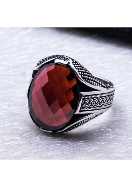 925 Ayar Gümüş Kırmızı Taşlı Örgü Desenli Erkek Yüzük