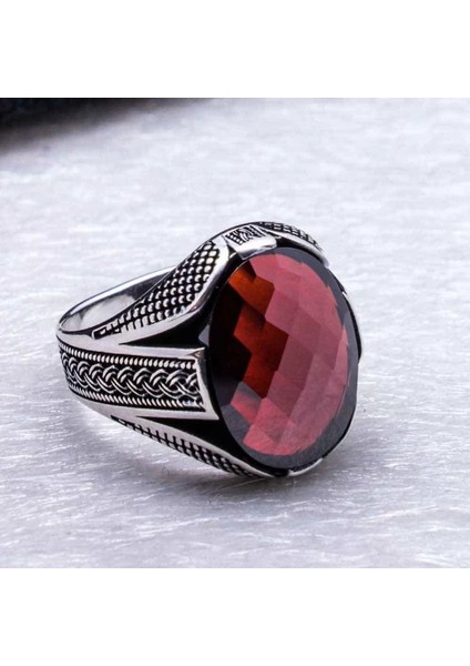 925 Ayar Gümüş Kırmızı Taşlı Örgü Desenli Erkek Yüzük fiyatları