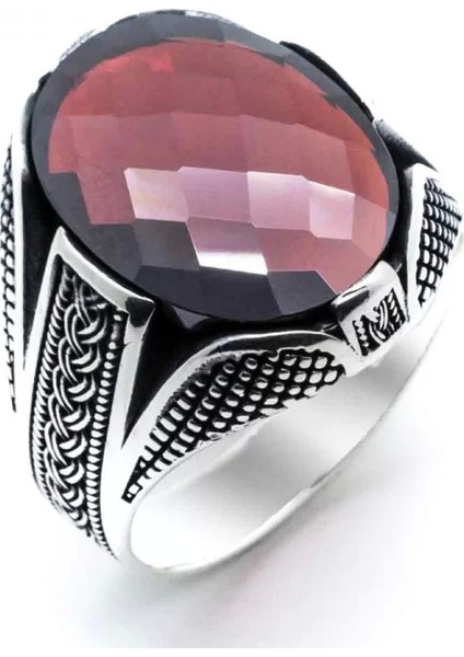925 Ayar Gümüş Kırmızı Taşlı Örgü Desenli Erkek Yüzük modelleri