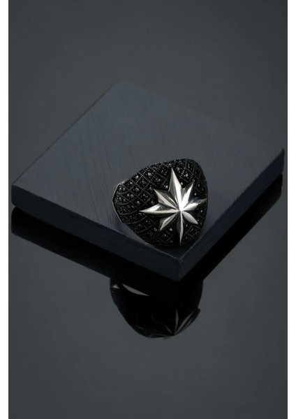 925 Ayar Gümüş Siyah Kuzey Yıldızı Mikro Taş Erkek Yüzük