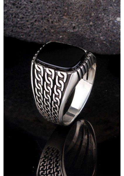 925 Ayar Gümüş Oniks Taşlı Örgü Model Yüzük fiyatları