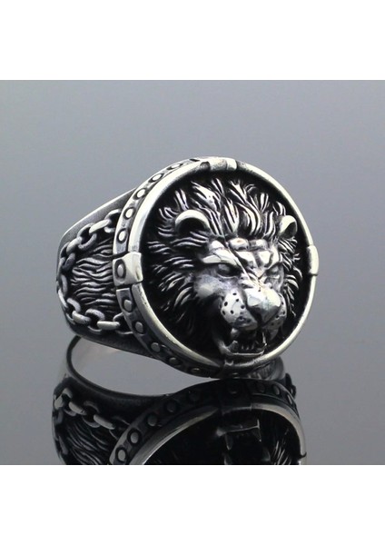 925 Ayar Gümüş Zincir Işlemeli 3 Boyutlu Aslan Kafası Erkek Yüzük