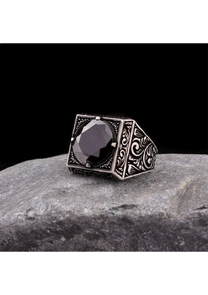 926 Ayar Kalem Işleme Motifli Zirkon Taşlı Erkek Yüzük Silver indirimleri