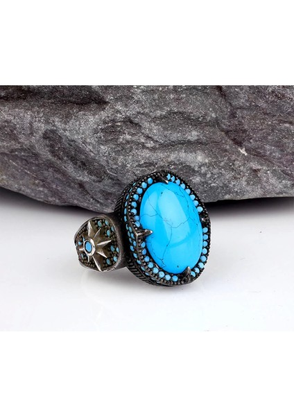 925 Ayar Turkuaz Taşlı Yıldız Model Gümüş Erkek Yüzük Silver