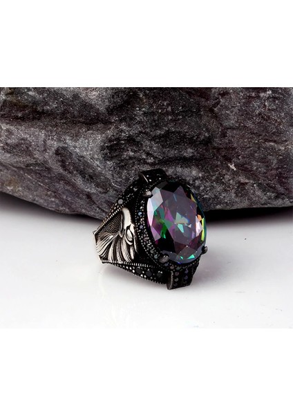 Mistik Topaz Taşlı Kartal Model 925 Ayar Gümüş Erkek Yüzük Silver