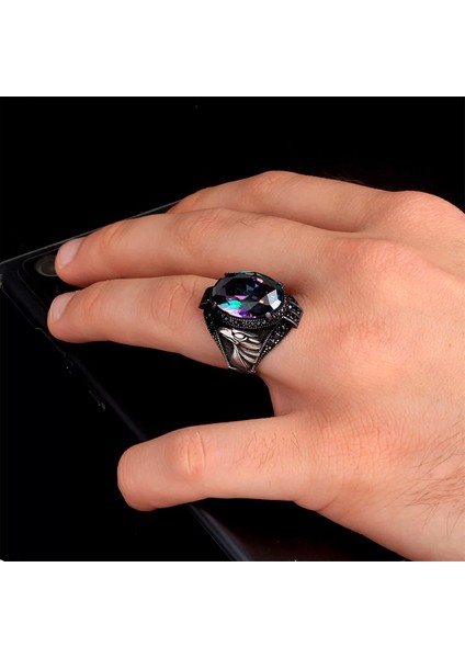 Mistik Topaz Taşlı Kartal Model 925 Ayar Gümüş Erkek Yüzük Silver fiyatları