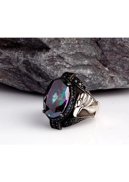Mistik Topaz Taşlı Kartal Model 925 Ayar Gümüş Erkek Yüzük Silver modelleri