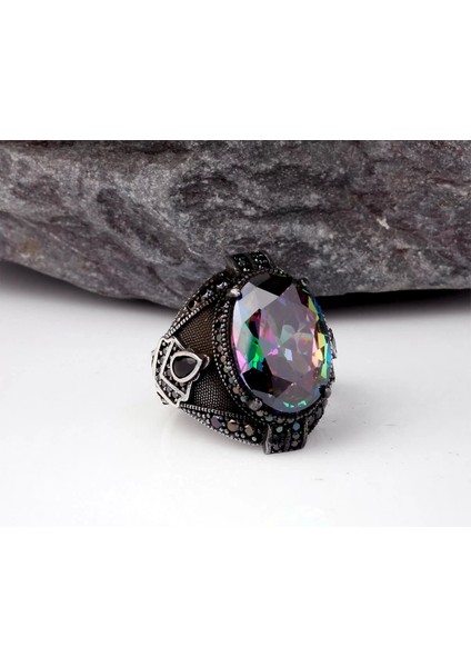 925 Ayar Mistik Topaz Taşlı Gümüş Erkek Yüzük Silver