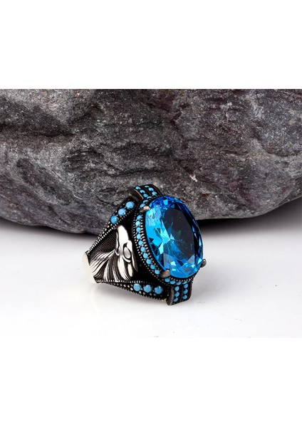 Blue Topaz Taşlı Kartal Model Gümüş Erkek Yüzük Silver