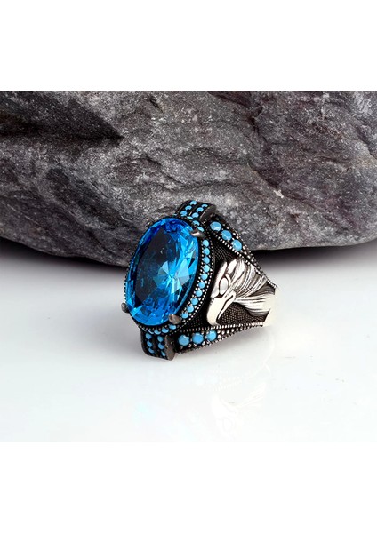 Blue Topaz Taşlı Kartal Model Gümüş Erkek Yüzük Silver modelleri