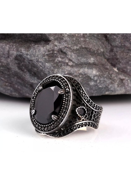 925 Ayar Siyah Zirkon Mikro Taşlı Gümüş Erkek Yüzük Silver