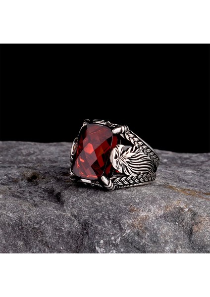 925 Ayar Kırmızı Taşlı Kartal Model Erkek Yüzük Silver fiyatları