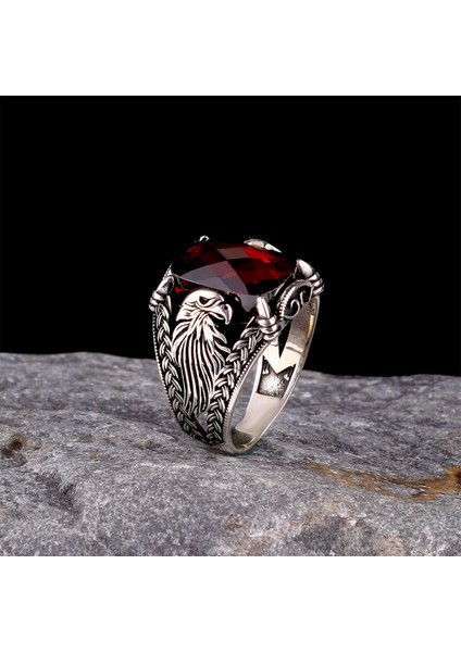 925 Ayar Kırmızı Taşlı Kartal Model Erkek Yüzük Silver modelleri
