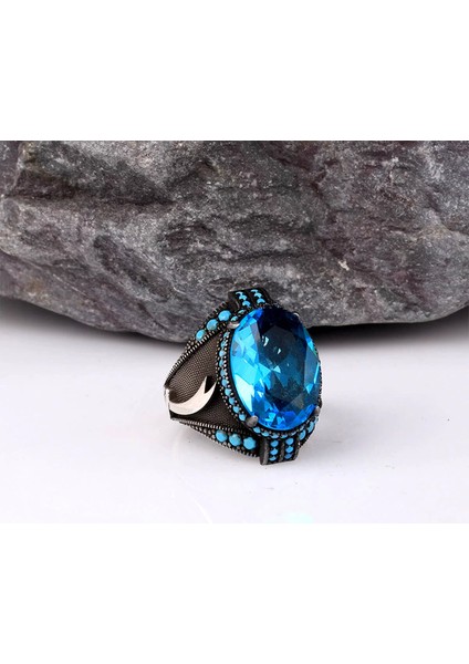 925 Ayar Blue Topaz Taşlı Gümüş Erkek Yüzük Silver