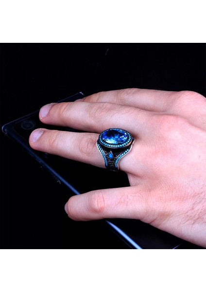 925 Ayar Blue Topaz Mikro Taşlı Gümüş Erkek Yüzük Silver fiyatları