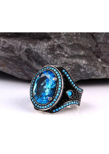 925 Ayar Blue Topaz Mikro Taşlı Gümüş Erkek Yüzük Silver modelleri