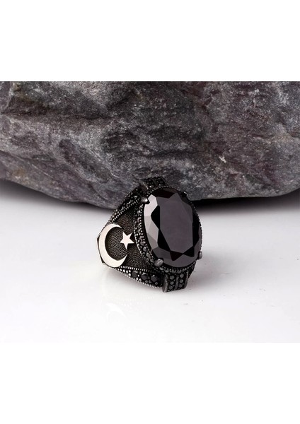 Zirkon Taşlı Ay Yıldız Model 925 Ayar Gümüş Erkek Yüzük Silver