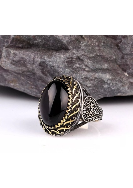 925 Ayar Onix Taşlı Oval Model Gümüş Erkek Yüzük Silver