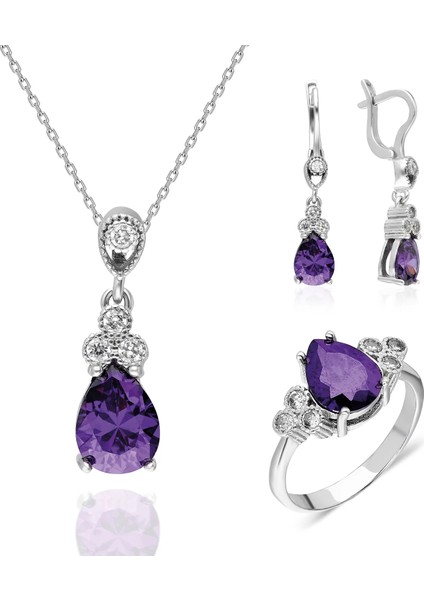 Ametist Taşlı Damla Kesim 925 Ayar Gümüş Kadın Takı Set