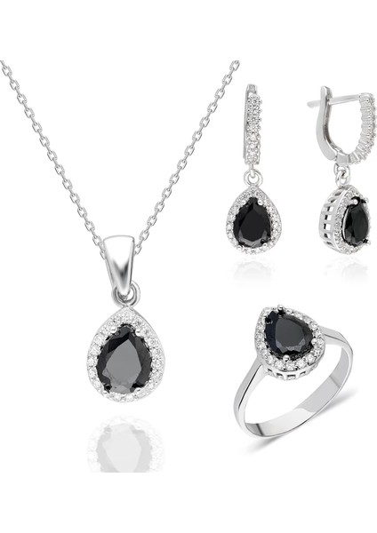 925 Ayar Gümüş Siyah Zirkon Damla Taşlı Kadın Takı Set