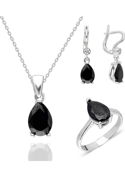 925 Ayar Gümüş Damla Kesim Siyah Zirkon Taşlı Kadın Takı Set