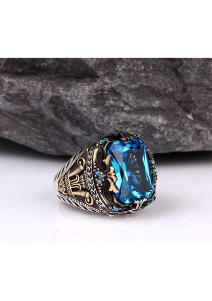 925 Ayar Blue Topaz Taşı Gümüş Erkek Yüzük Silver