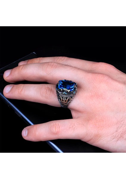 925 Ayar Blue Topaz Taşı Gümüş Erkek Yüzük Silver fiyatları