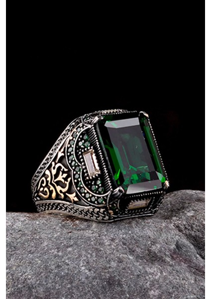 925 Ayar Gümüş Yeşil Zirkon Taşlı Erkek Yüzük Silver