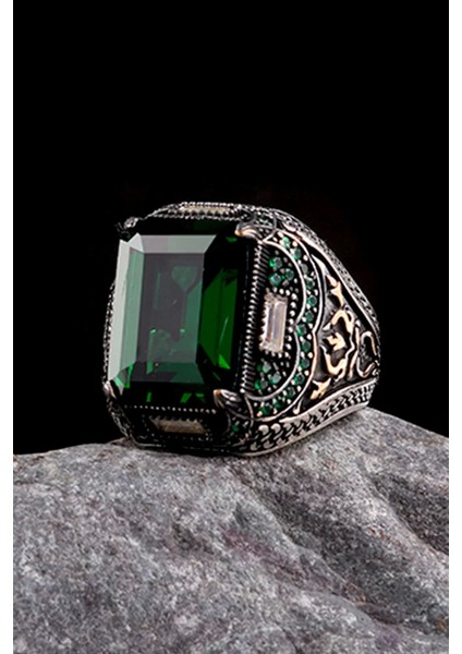 925 Ayar Gümüş Yeşil Zirkon Taşlı Erkek Yüzük Silver fiyatları