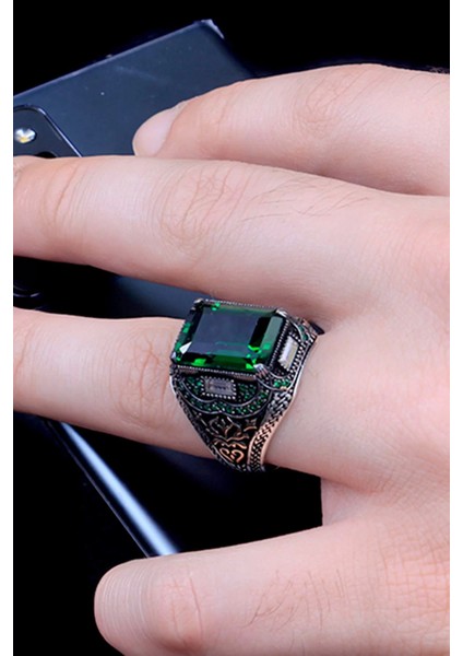 925 Ayar Gümüş Yeşil Zirkon Taşlı Erkek Yüzük Silver modelleri