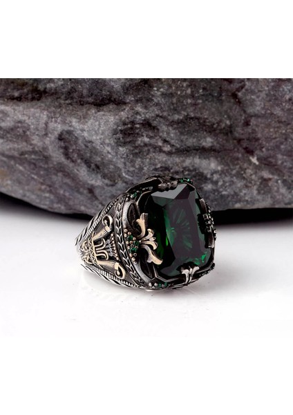 925 Ayar Yeşil Zirkon Taşlı Gümüş Erkek Yüzük Silver