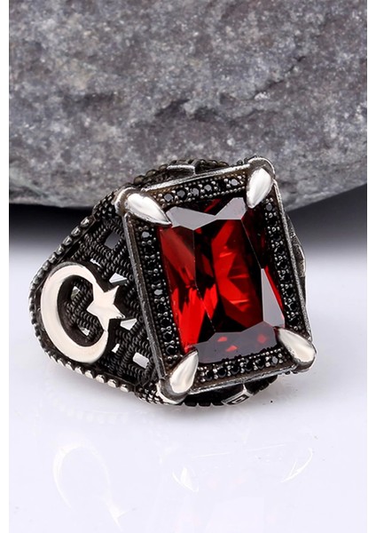 925 Ayar Gümüş Zirkon Taşlı Ayyıldız Motifli Erkek Yüzük Silver