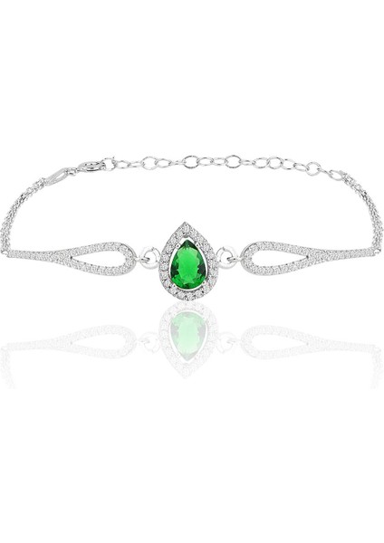 Gümüş Rodyumlu Kök Zümrüt Zirkon Taşlı Pırlanta Modeli Damla Bileklik SGTL12219YESIL