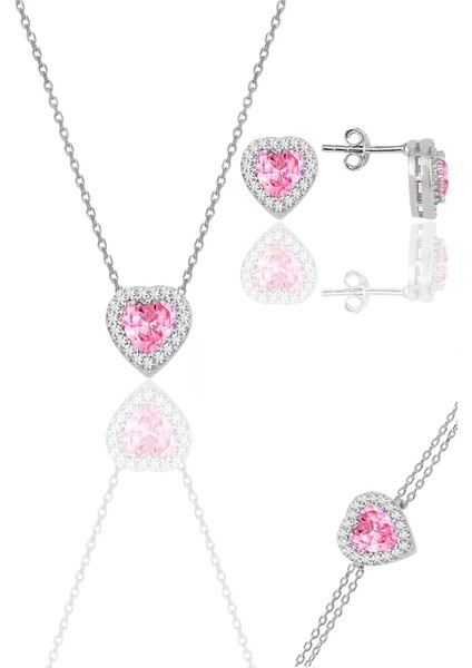 Gümüş Rodyumlu Pembe Taşlı Pırlanta Modeli Kalp Kolye, Küpe, Bileklik Üçlü Set SGTL12211PEMBE