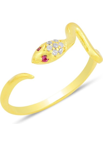 Gümüş Altın Yaldızlı Zirkon Taşlı Üstten Ayarlanabilir Yılan Yüzük SGTL12229GOLD