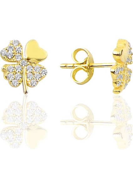 Gümüş Altın Yaldızlı Zirkon Taşlı Yonca Modeli Küpe SGTL10068GOLD fiyatları