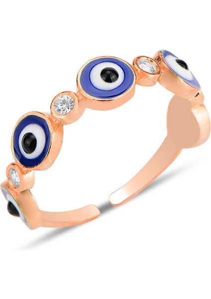 Gümüş Rose Zirkon Taşlı Alttan Ayarlanabilir Nazar Mineli Yüzük SGTL12225ROSE