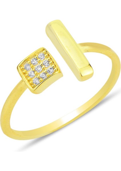Gümüş Altın Yaldızlı Zirkon Taşlı Üstten Ayarlanabilir Küp Modeli Yüzük SGTL12223GOLD