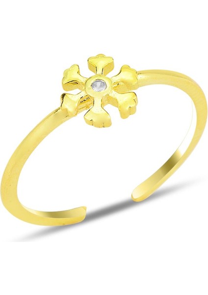 Gümüş Altın Yaldızlı Zirkon Taşlı Alttan Ayarlanabilir Kar Tanesi Yüzük SGTL12224GOLD