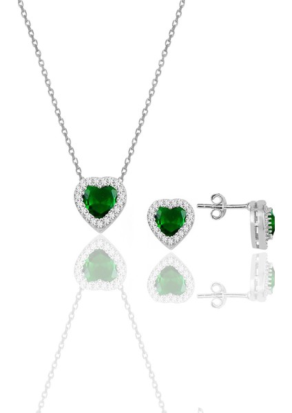 Gümüş Rodyumlu Kök Zümrüt Taşlı Pırlanta Modeli Kalp Kolye ve Küpe Ikili Set SGTL10139YESIL