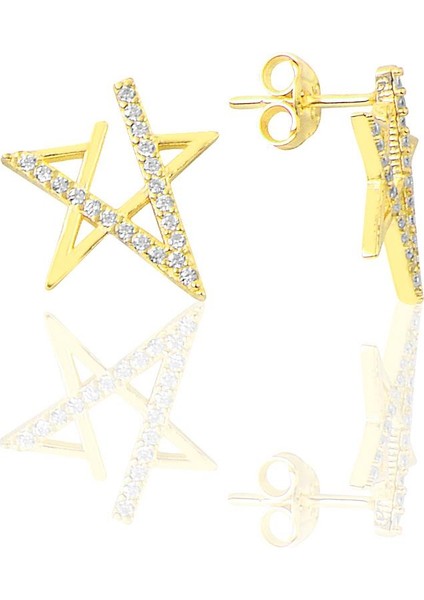 Gümüş Altın Yaldızlı Zirkon Taşlı Yıldız Küpe SGTL12213GOLD