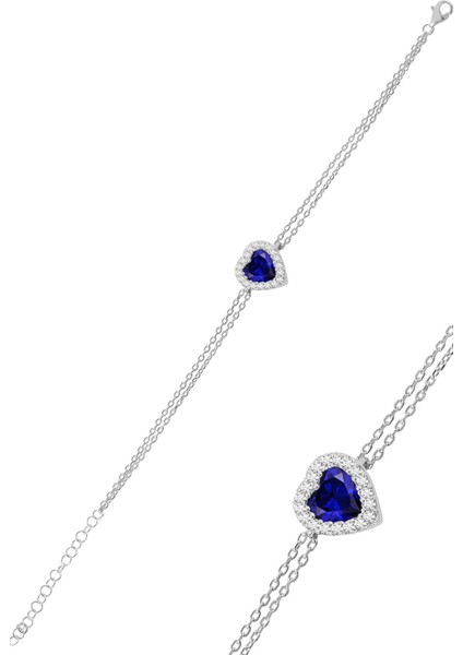 Gümüş Rodyumlu Safir Taşlı Pırlanta Modeli Kalp Kolye, Küpe, Bileklik Üçlü Set SGTL12211LACIVERT modelleri