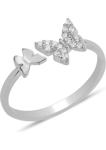 Gümüş Rodyumlu Zirkon Taşlı Üstten Ayarlanabilir Uçan Kelebekler Yüzük SGTL12226RODAJ