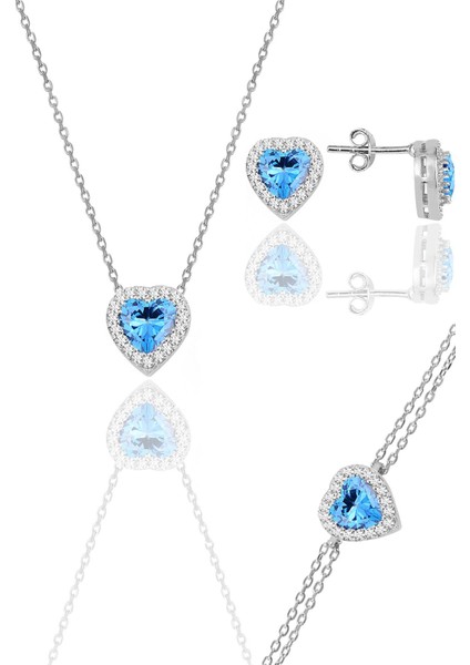 Gümüş Rodyumlu Akuamarin Taşlı Pırlanta Modeli Kalp Kolye, Küpe, Bileklik Üçlü Set SGTL12211MAVI