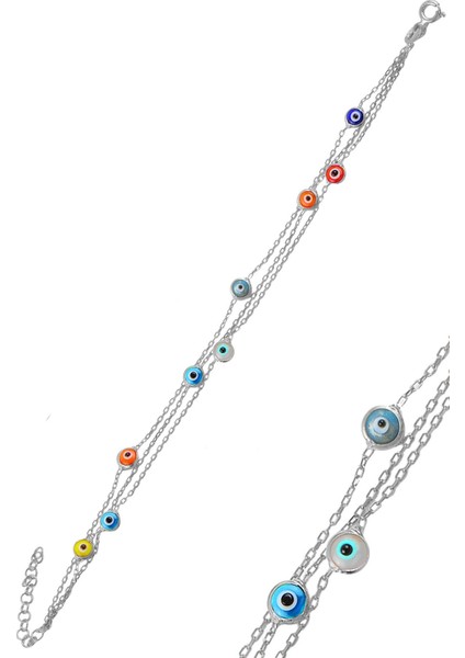 Gümüş Rodyumlu, Renkli Cam Göz Nazar Üç Zincirli Gümüş Bileklik SGTL10613RODAJ