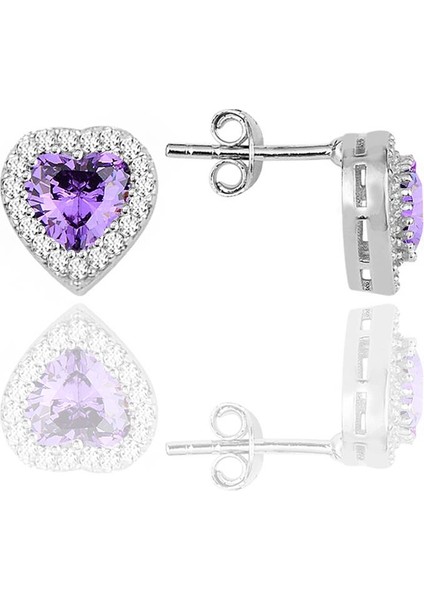 Gümüş Rodyumlu Pırlanta Modeli Ametis Taşlı Kalp Küpe SGTL10051MOR