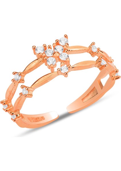 Gümüş Rose Zirkon Taşlı Alttan Ayarlanabilir Kelebek Yüzük SGTL12228ROSE