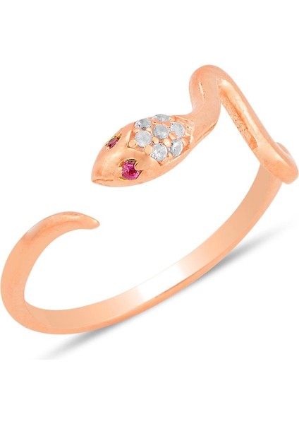Gümüş Rose Zirkon Taşlı Üstten Ayarlanabilir Yılan Yüzük SGTL12229ROSE