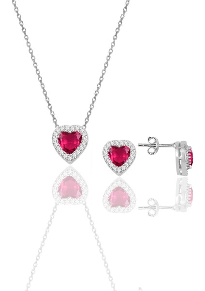Gümüş Rodyumlu Fuşya Taşlı Pırlanta Modeli Kalp Kolye ve Küpe Ikili Set SGTL10139FUSYA